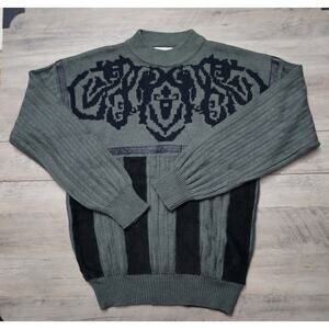 Vintage Rare Hardy Amies Mens Medium Sweater Acrylic Real Leather Trips Grey